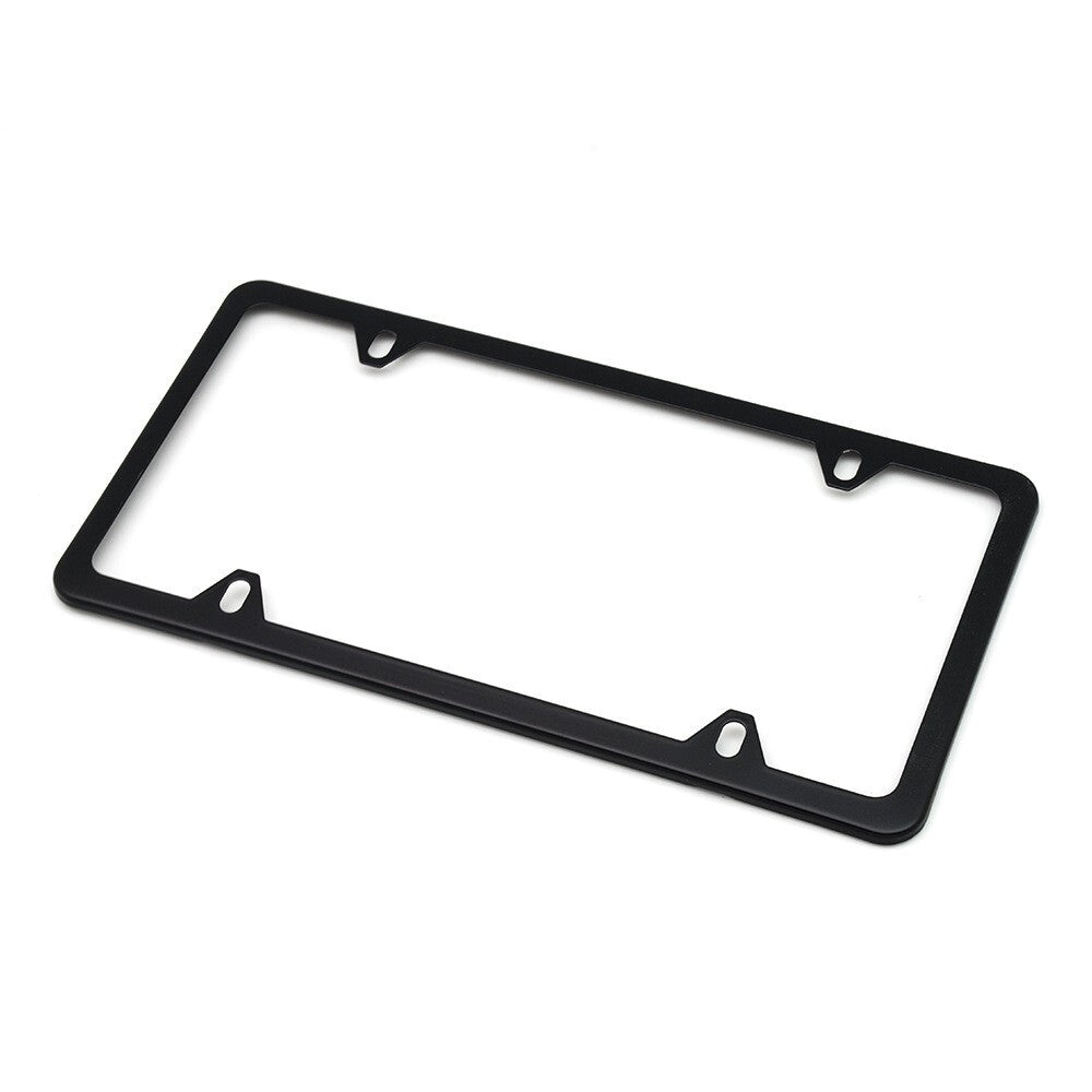 A black stainless steel license plate frame with mounting hardware.