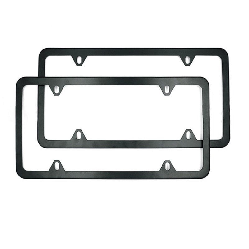 A pair of black stainless steel license plate frames with mounting hardware.