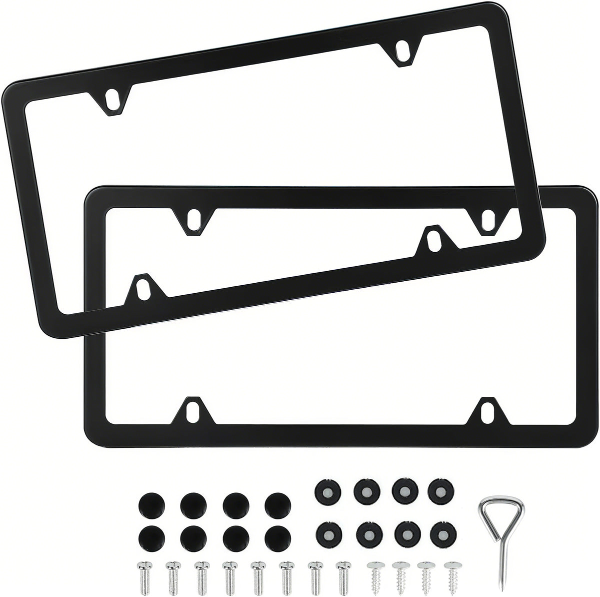 A set of two black stainless steel license plate frames with mounting hardware.
