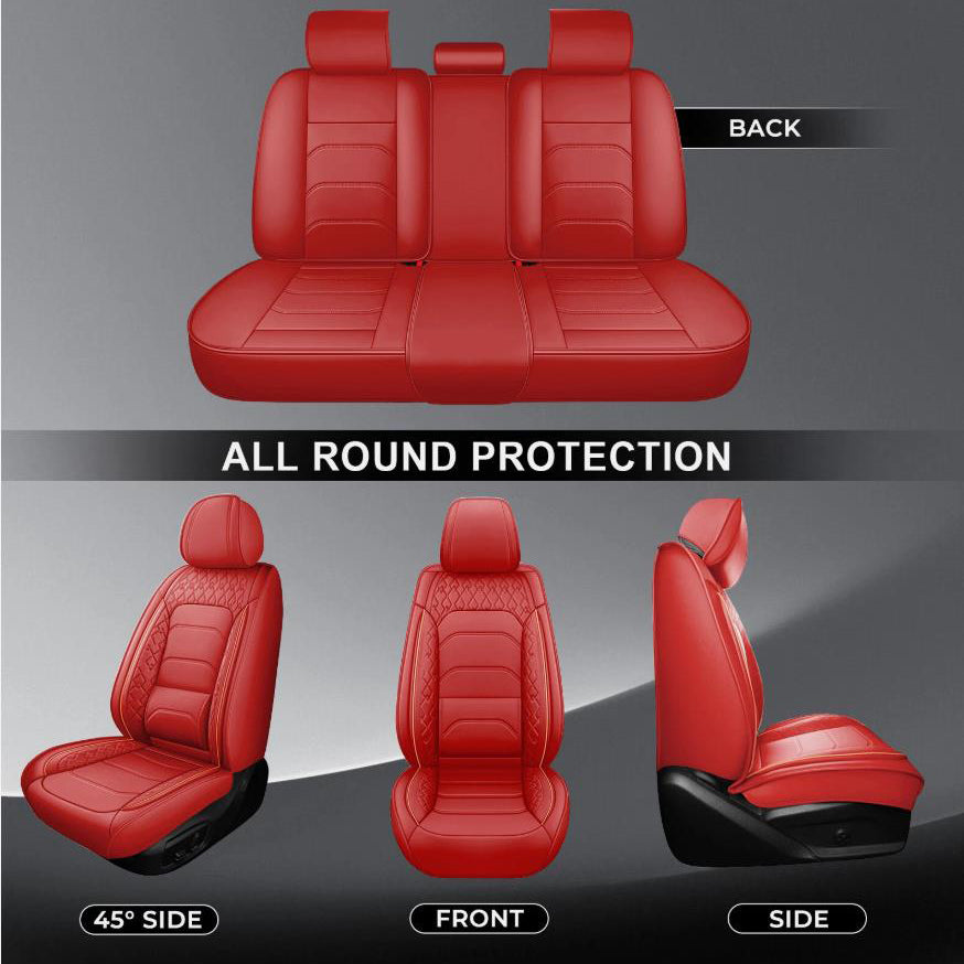 A full set of red universal car seat covers shown from the back, front, and side angles.
