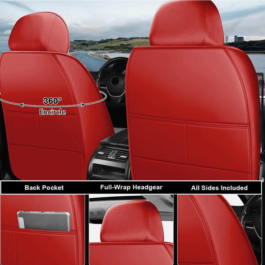 A set of red universal car seat covers including a back pocket, full-wrap headgear, and all sides.