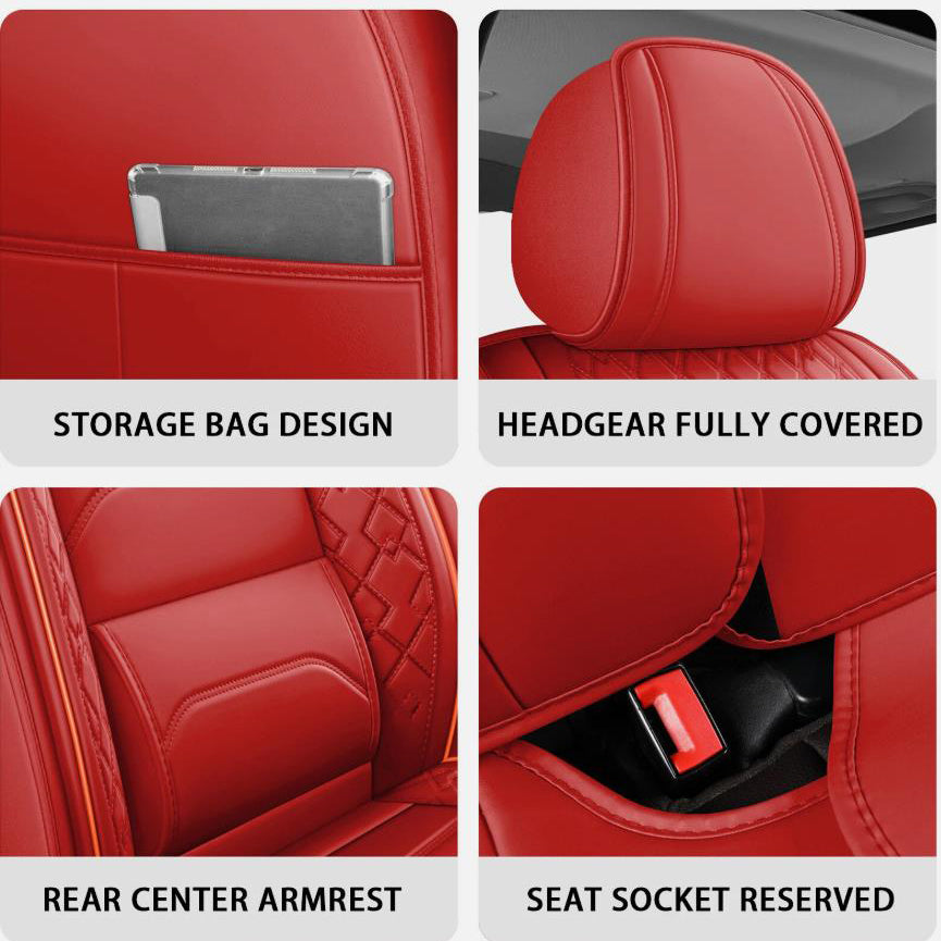 A set of red universal car seat covers showing storage bag design, headgear coverage, rear center armrest, and seat socket re