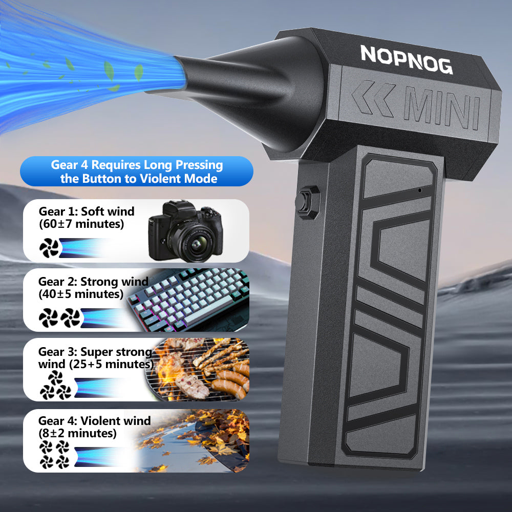 A black air blower device is shown, demonstrating four modes of wind intensity from soft to violent.