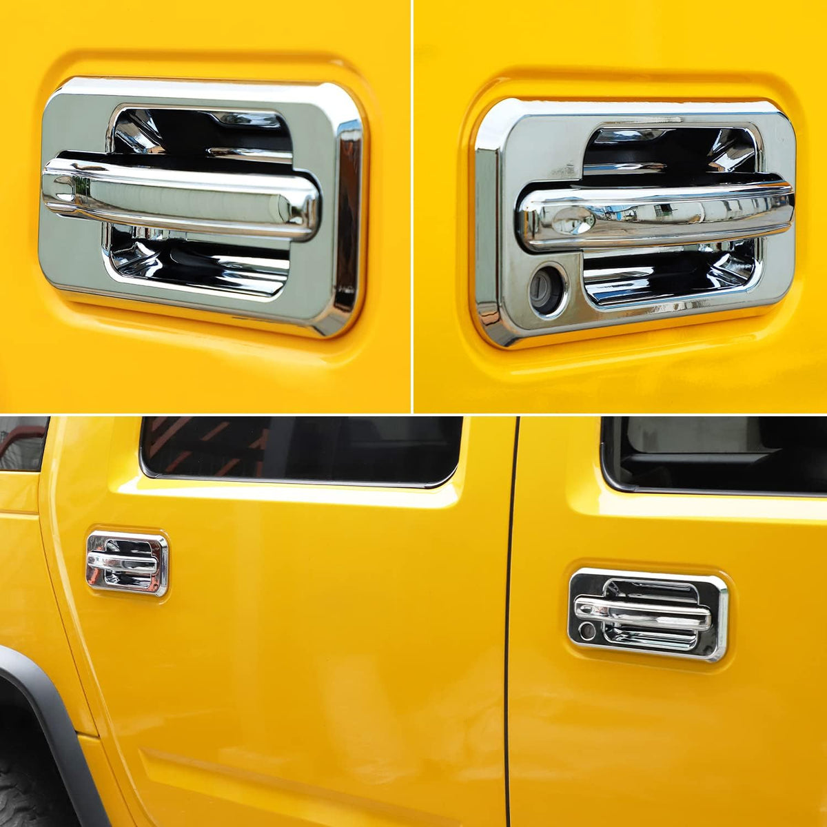 Close-up view of chrome trim door handles on a yellow Hummer H2 vehicle.