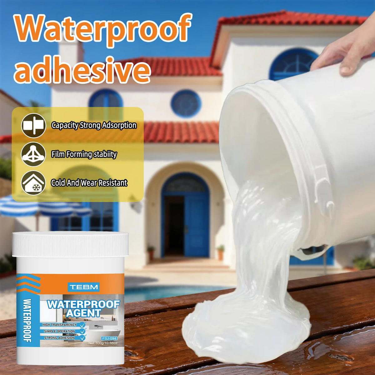 A white waterproof adhesive sealant is being applied to a wooden surface in front of a house.