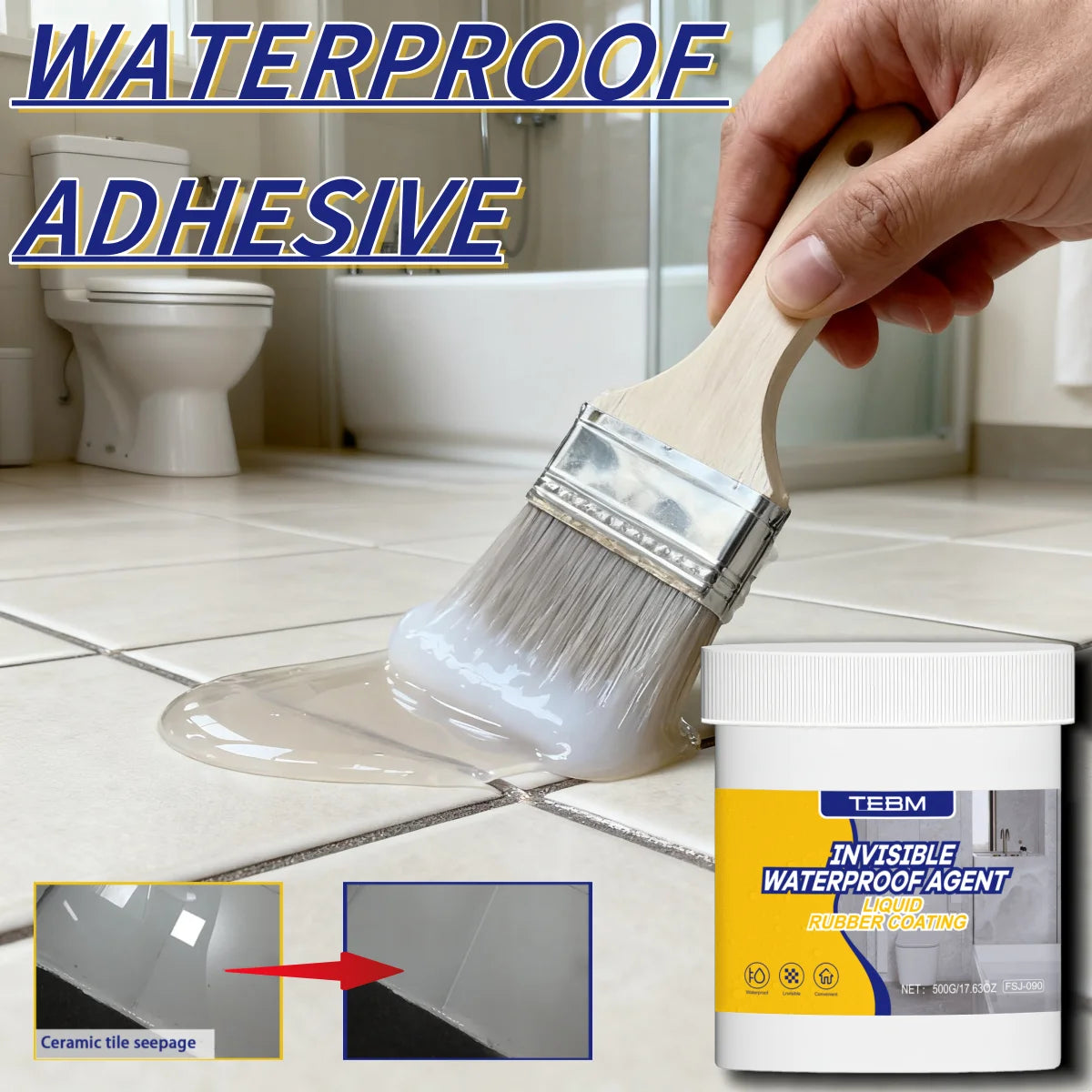Eine Hand trägt einen weißen wasserdichten Klebstoff mit einer Bürste auf eine Toilette, mit Nahaufnahme der Produktverpackun