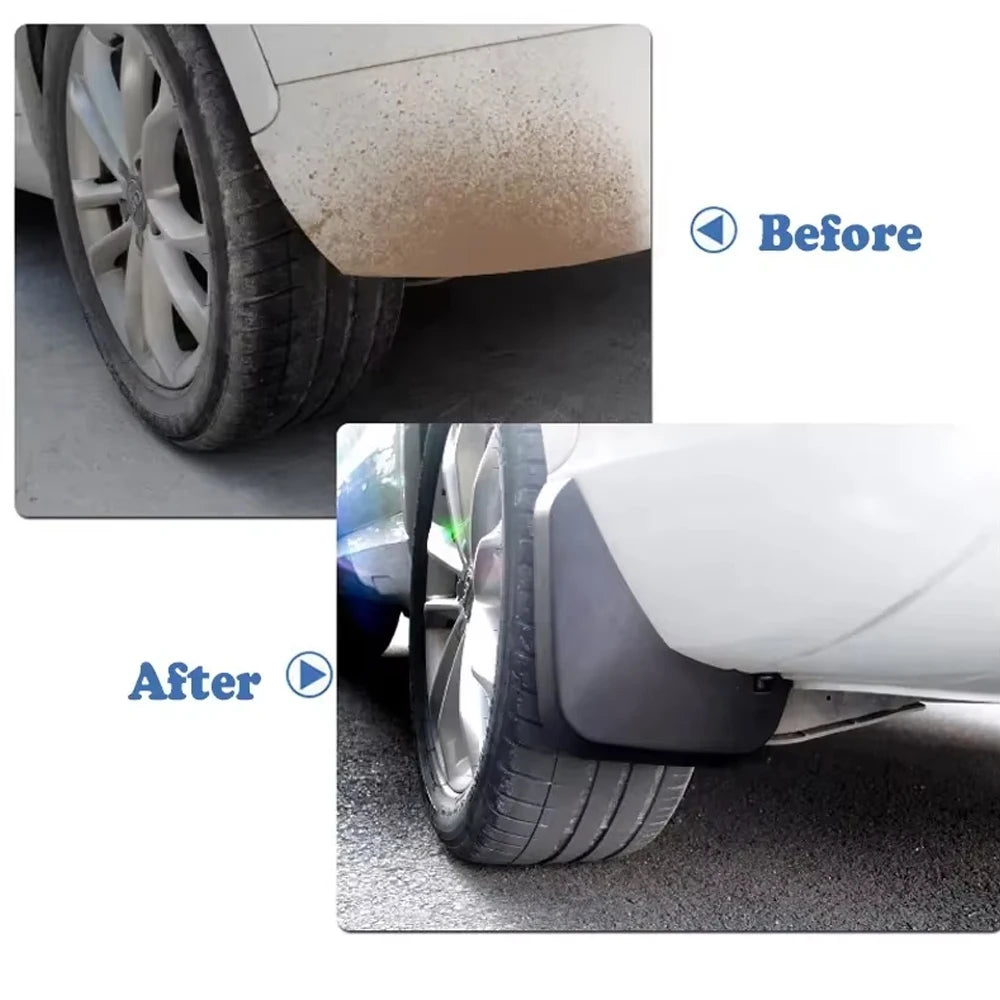 Before and after comparison of durable mud flaps for a Ford Maverick vehicle wheel.