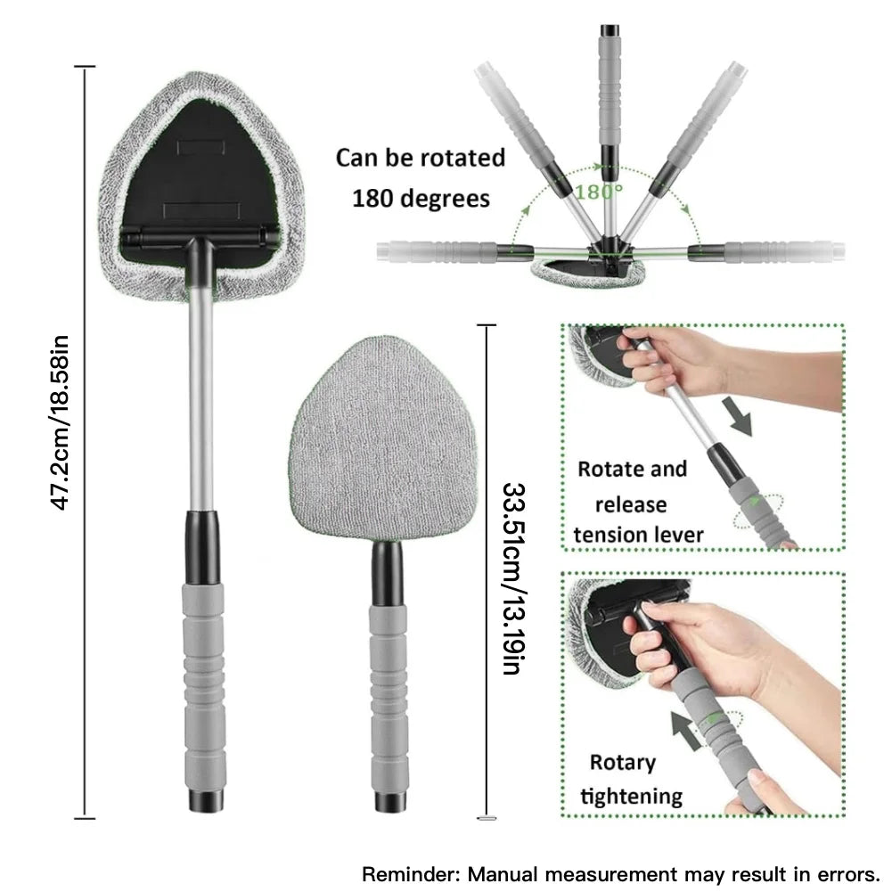 Extendable windshield cleaner with reusable microfiber pads shown in various angles and usage demonstrations.