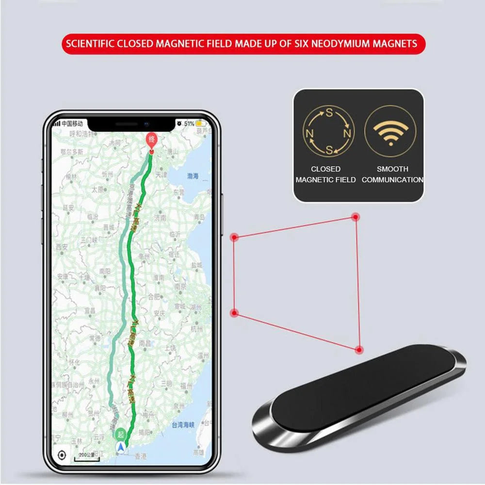 Un smartphone affichant une carte avec un itinéraire, à côté d'un support magnétique noir pour téléphone.