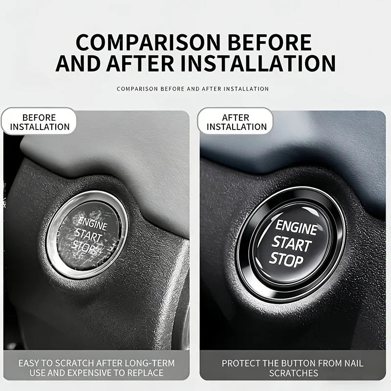 Comparison showing a car ignition button before and after installation to protect it from scratches
