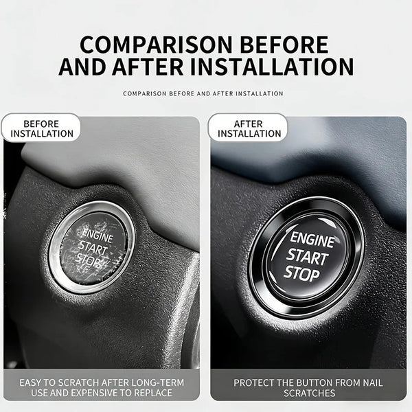 Comparison showing a car ignition button before and after installation to protect it from scratches