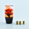 A clear glass bottle filled with an orange-red flower, set against a black base.