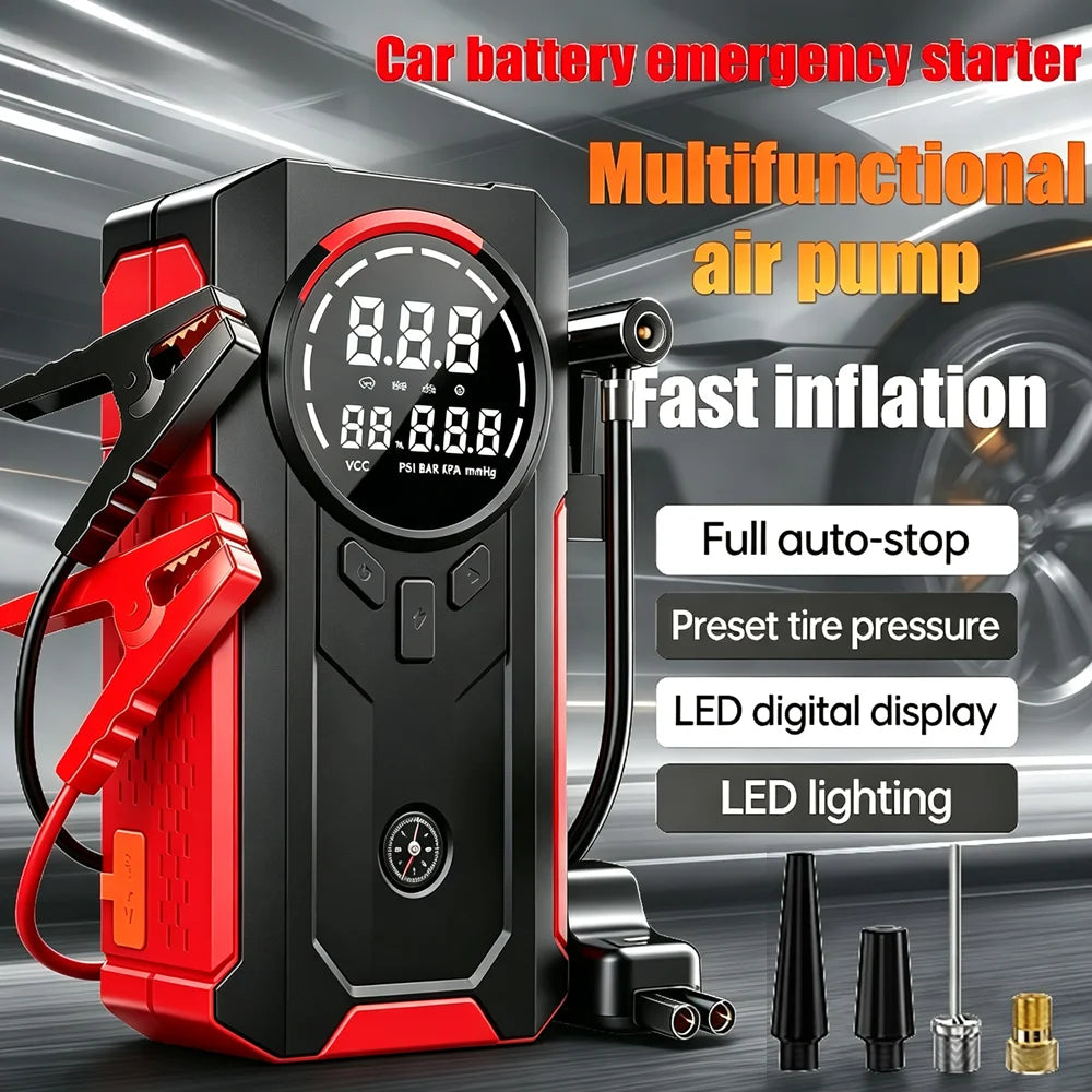Schwarze und rote multifunktionale Luftpumpe für Auto-Batterie-Notstart mit digitaler Anzeige und LED-Beleuchtung