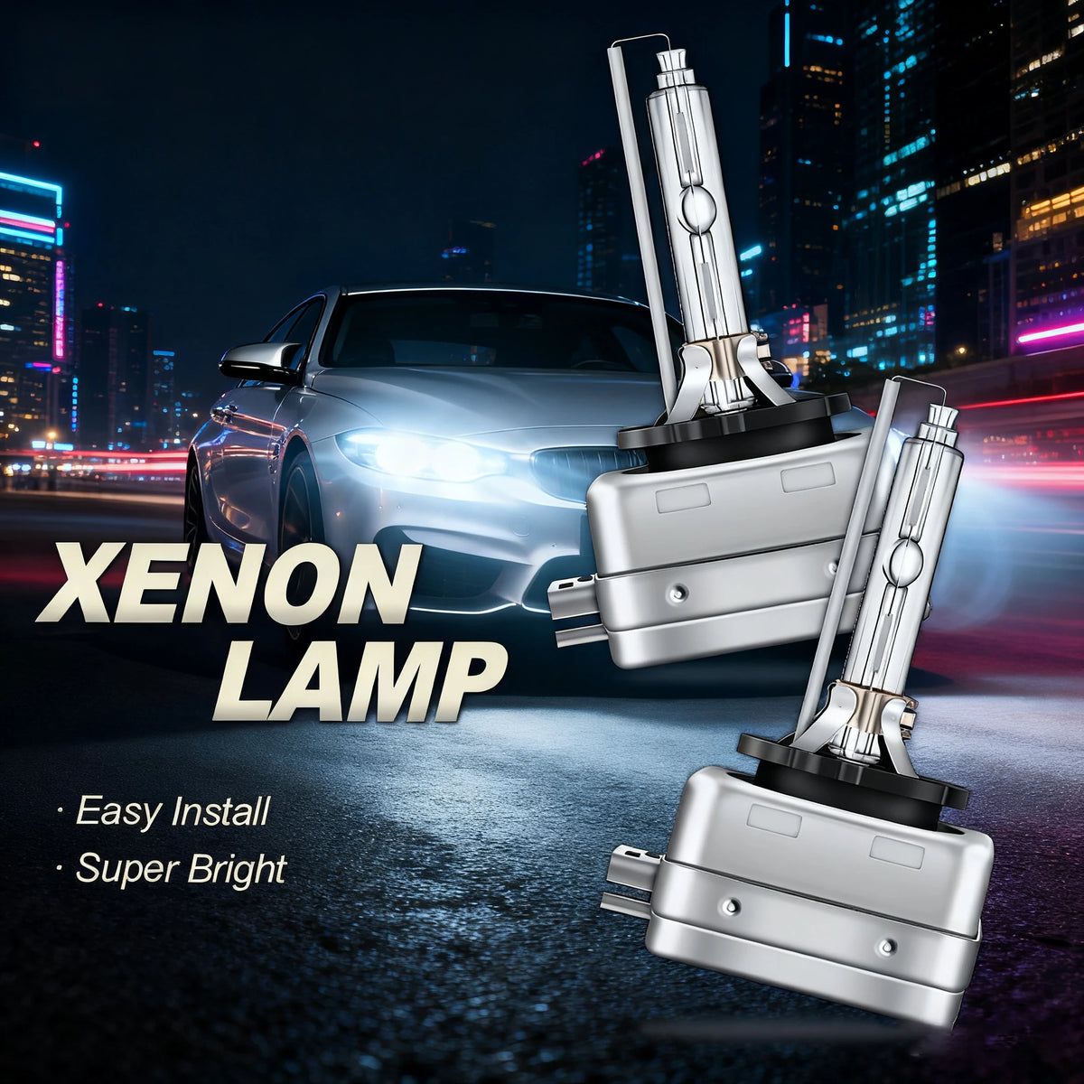 A silver Xenon lamp assembly is shown next to a modern car, highlighting its bright light and easy installation features.