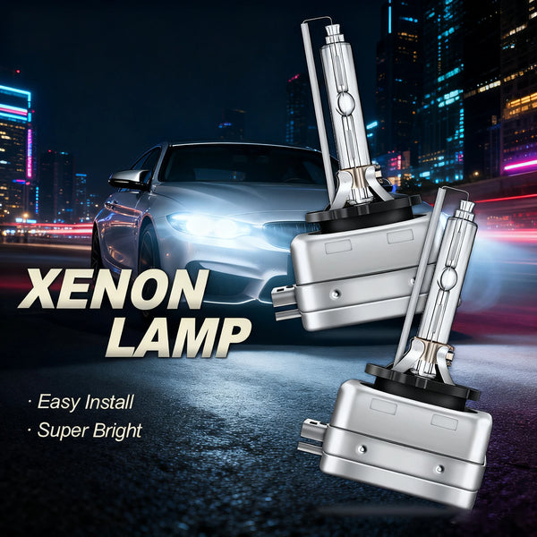 A silver Xenon lamp assembly is shown next to a modern car, highlighting its bright light and easy installation features.