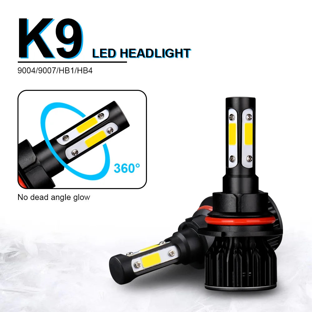 Bombilla de faro LED K9 con patrón de haz de 360 grados, mostrada en detalle.