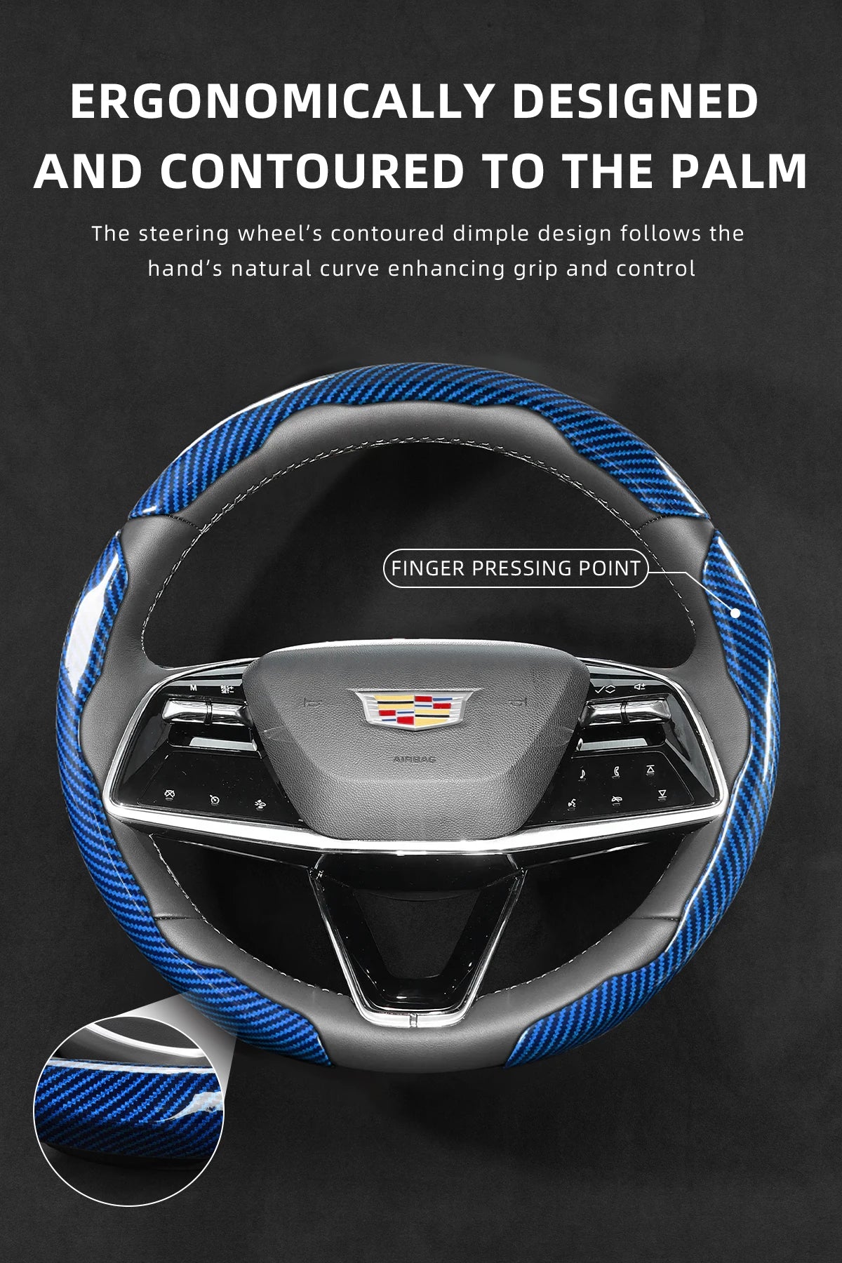 A close-up view of a black steering wheel cover with blue and black carbon fiber accents, showing the contoured grip design.