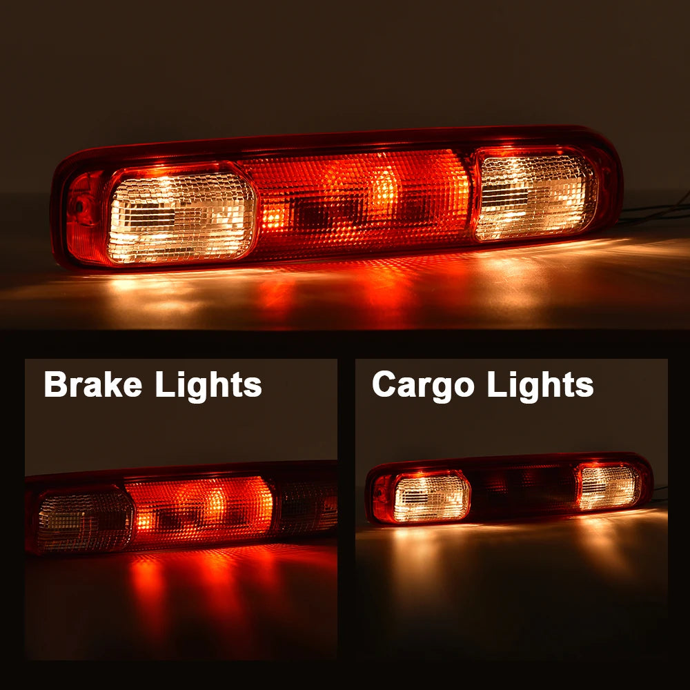 Close-up view of a red brake light and cargo light assembly for a truck.