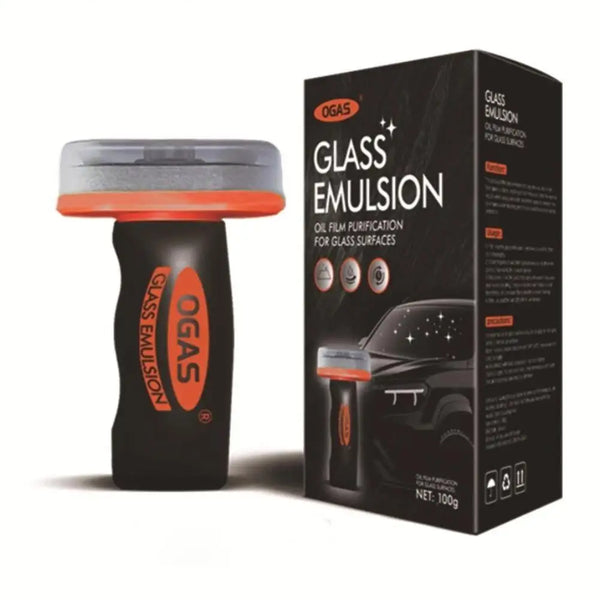 A black bottle of OGAS Glass Emulsion oil film remover with an orange cap and a separate applicator tool.