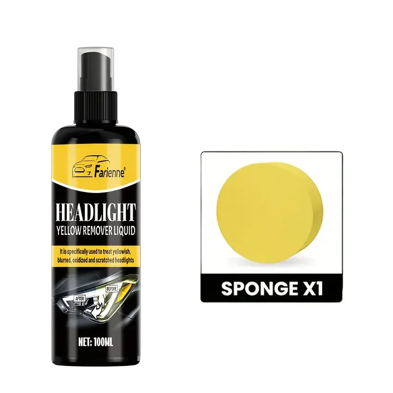 A dark bottle of Farienne Headlight Yellow Remover Liquid next to a yellow sponge labeled Sponge X1