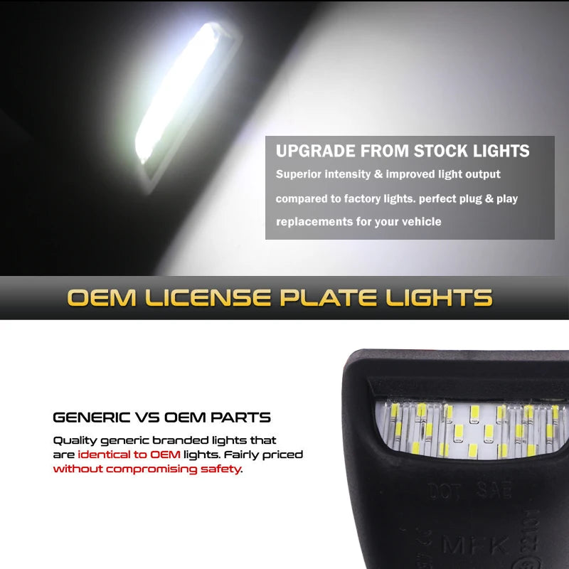 A close-up view of high-intensity LED license plate lights, showing an upgrade from stock lights and generic vs OEM parts com
