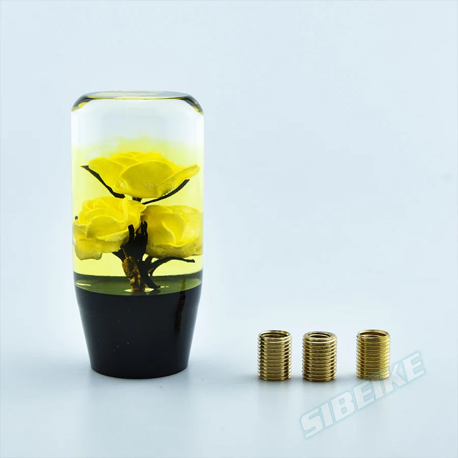 A clear glass cylinder containing yellow flowers and black liquid, next to several brass gear shift knob adapters.