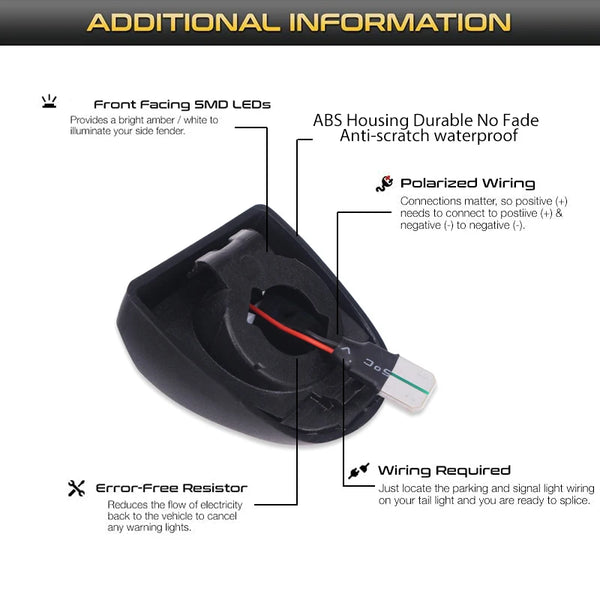 A black housing for front facing SMD LEDs with polarized wiring and an error-free resistor.