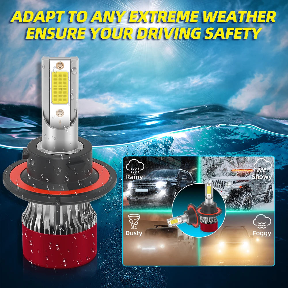 A close-up of an H13 LED headlight bulb with a red base and yellow lens, shown against a background emphasizing weather resis