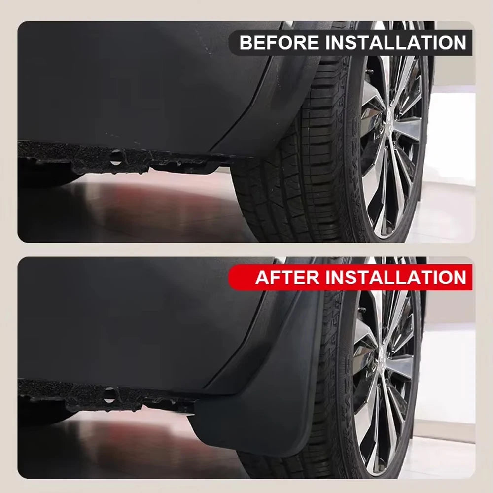 Before and after installation comparison of black mud flaps for a Ford Maverick tire.