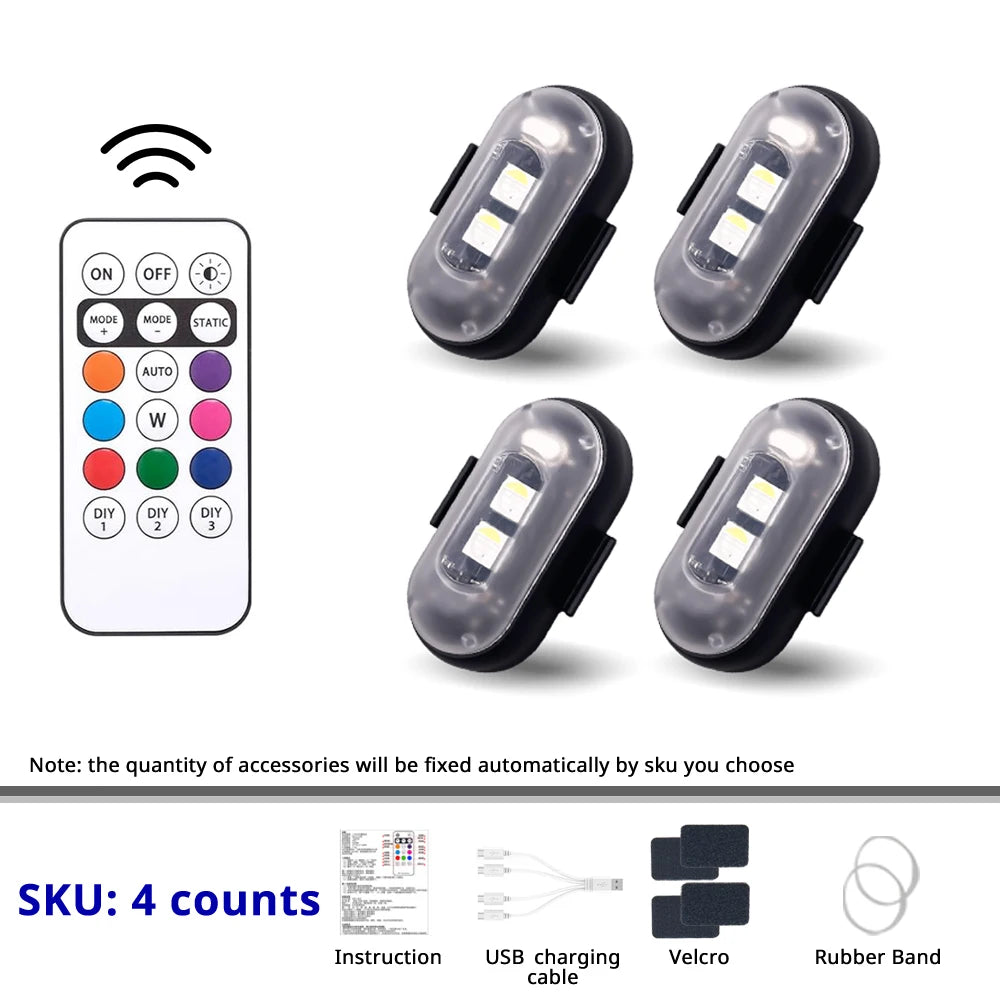 مجموعة من أربع أضواء وميض RGB لاسلكية لقاع المركبات، تشمل تعليمات وكابل شحن USB وشرائط لاصقة ومطاط
