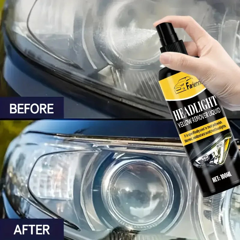 A hand is applying yellow remover liquid to a car headlight lens before and after restoration.