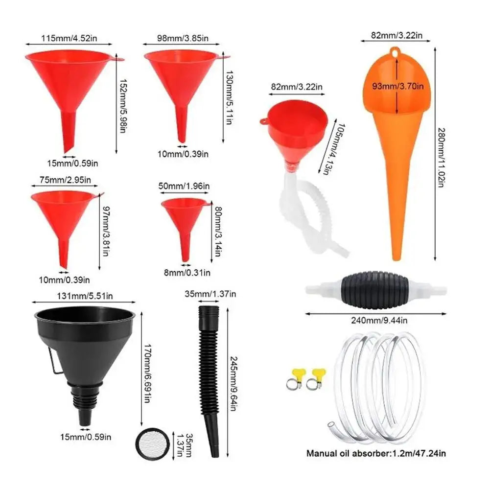 A collection of orange and black manual liquid transfer pumps and accessories for oil absorption.