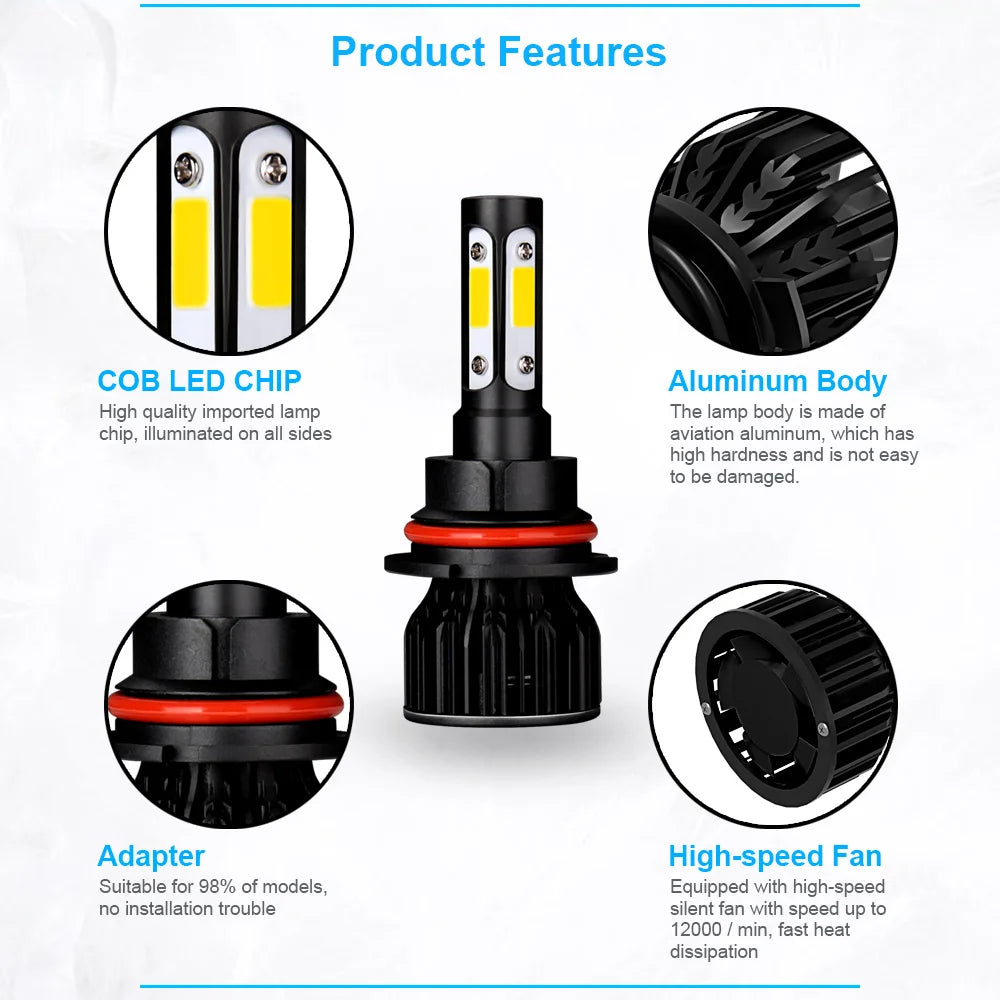 Caractéristiques du produit montrant une puce LED COB, un corps en aluminium, un adaptateur et un ventilateur haute vitesse p
