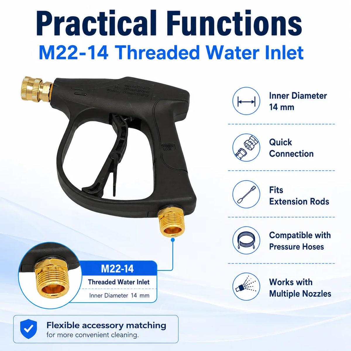 Black M22-14 threaded water inlet high-pressure manual car washing tool with various fittings