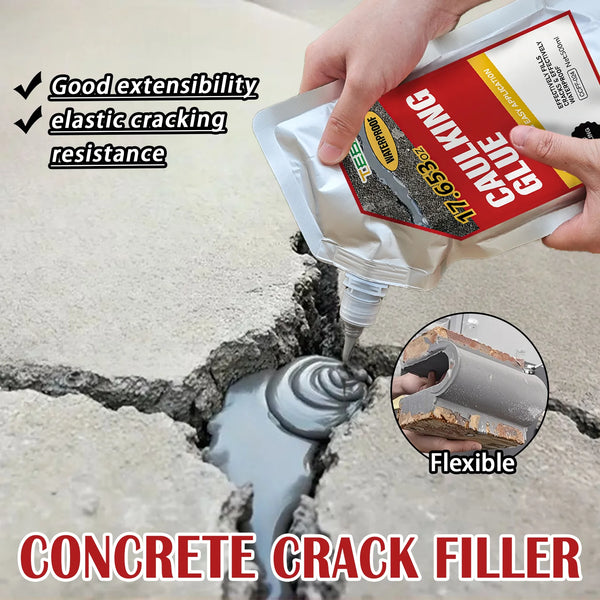 A hand applies a tube of caulking glue to fill a crack in concrete, demonstrating its extensibility and resistance.