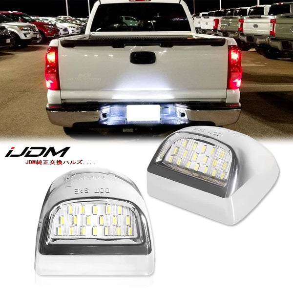 A close-up view of high-intensity LED license plate lights, including a rectangular and an oval-shaped light module.