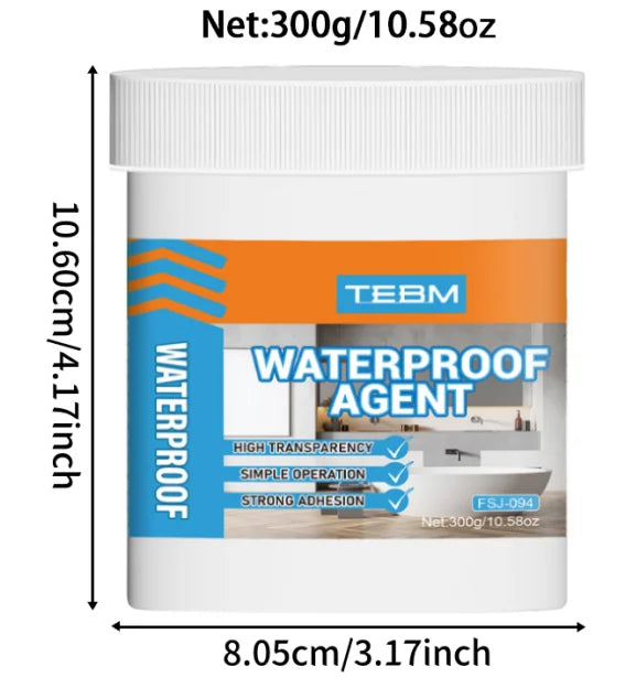 White jar of waterproof agent with orange label showing net weight 300g or 10.58oz