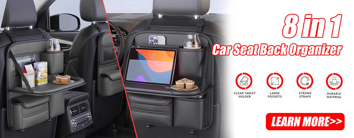 An 8 in 1 car seat back organizer featuring clear tablet holders, large pockets, strong straps, and durable material.