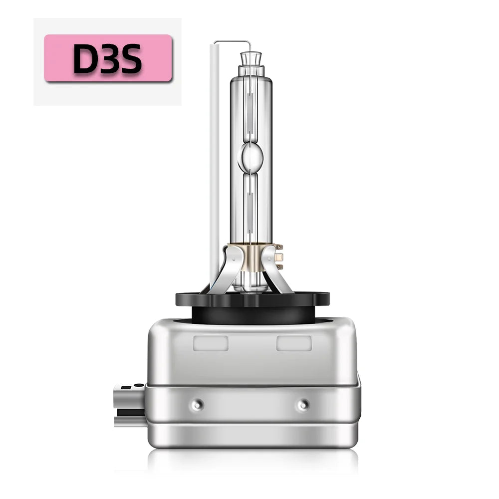 A silver car headlight bulb assembly with a glass tube and metal base is shown next to a label marked D3S.