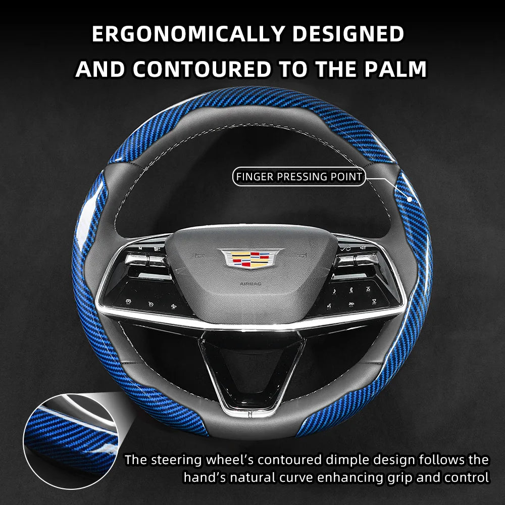 Ergonomically designed steering wheel cover with a blue and black carbon fiber pattern.