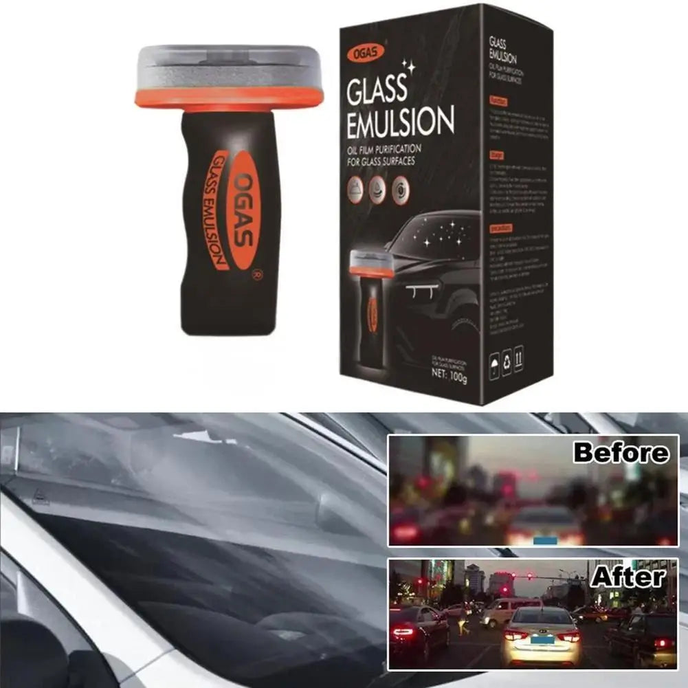 A black bottle of OGAS Glass Emulsion oil film remover next to a car surface before and after cleaning.