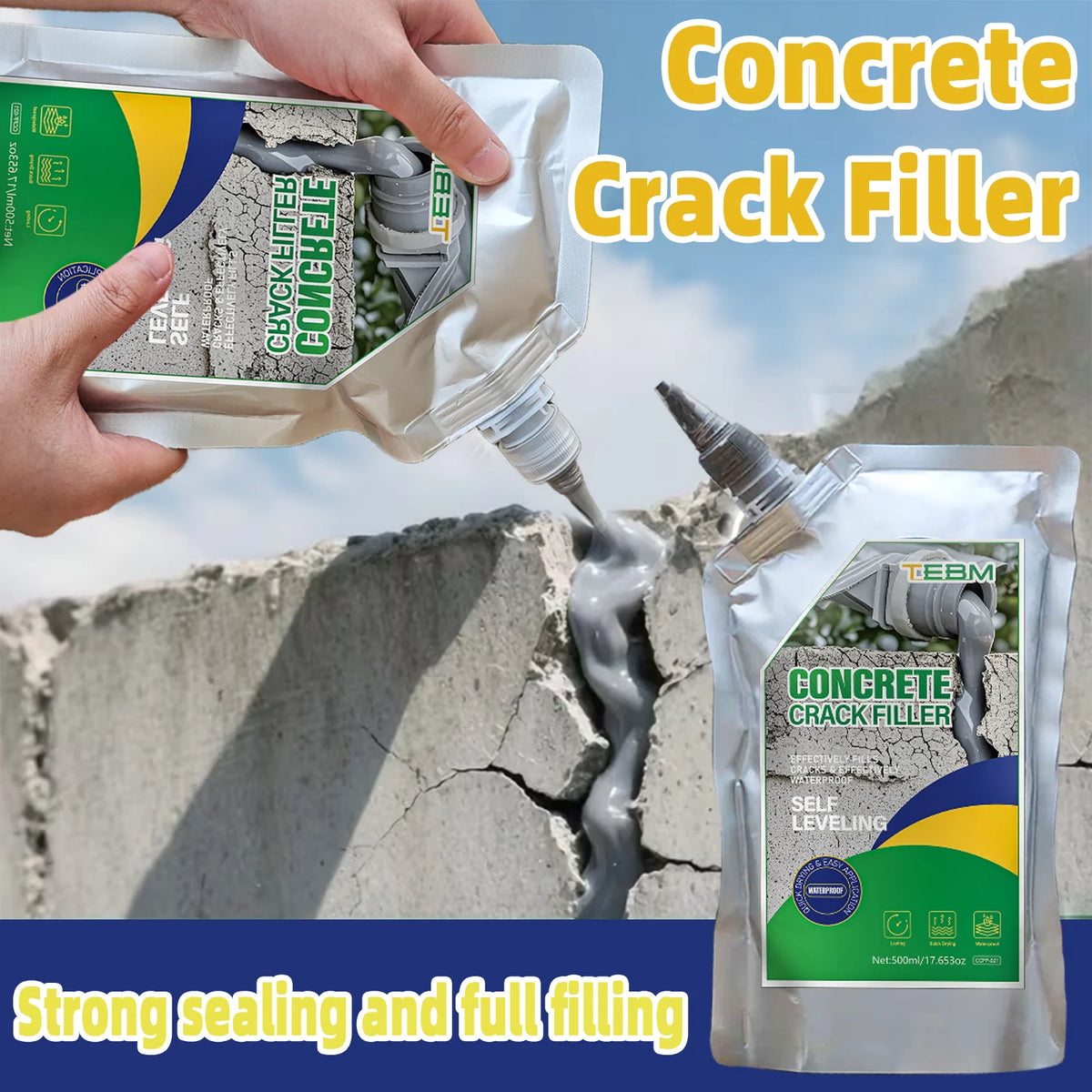 Una mano aplica un tubo de relleno para grietas de concreto en una fisura de pared de concreto.