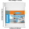A white jar of waterproof agent with an orange label and text describing high transparency, simple operation, and strong adhe