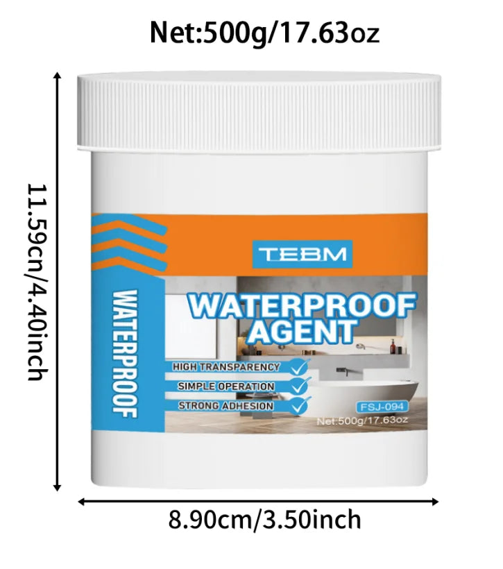 A white jar of waterproof agent with an orange label and text describing high transparency, simple operation, and strong adhe
