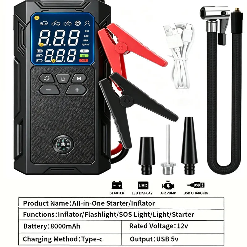 Schwarzes All-in-One-Starter- und Inflationsgerät mit digitaler Anzeige, Zangen und Luftpumpenzubehör.