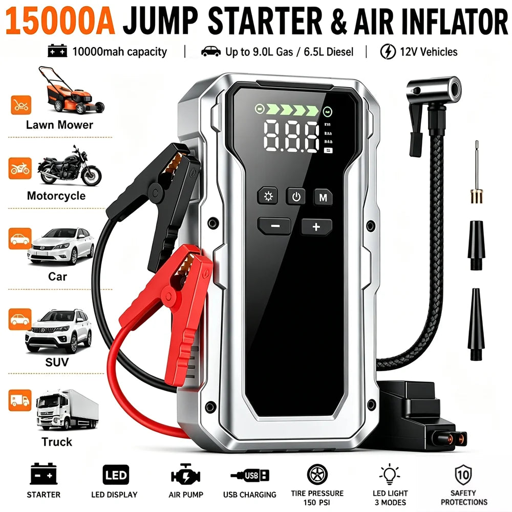 A silver jump starter and air inflator device with various cables and accessories shown on a white background.