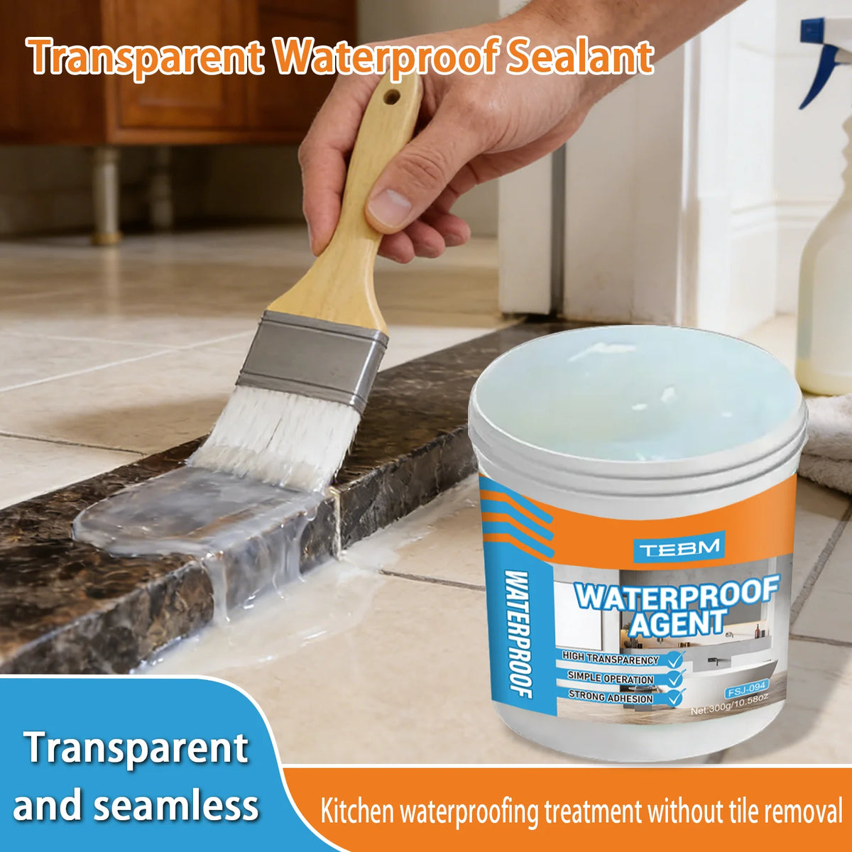 A hand applies a transparent waterproof sealant to a stone surface using a wooden-handled brush, next to a container of water