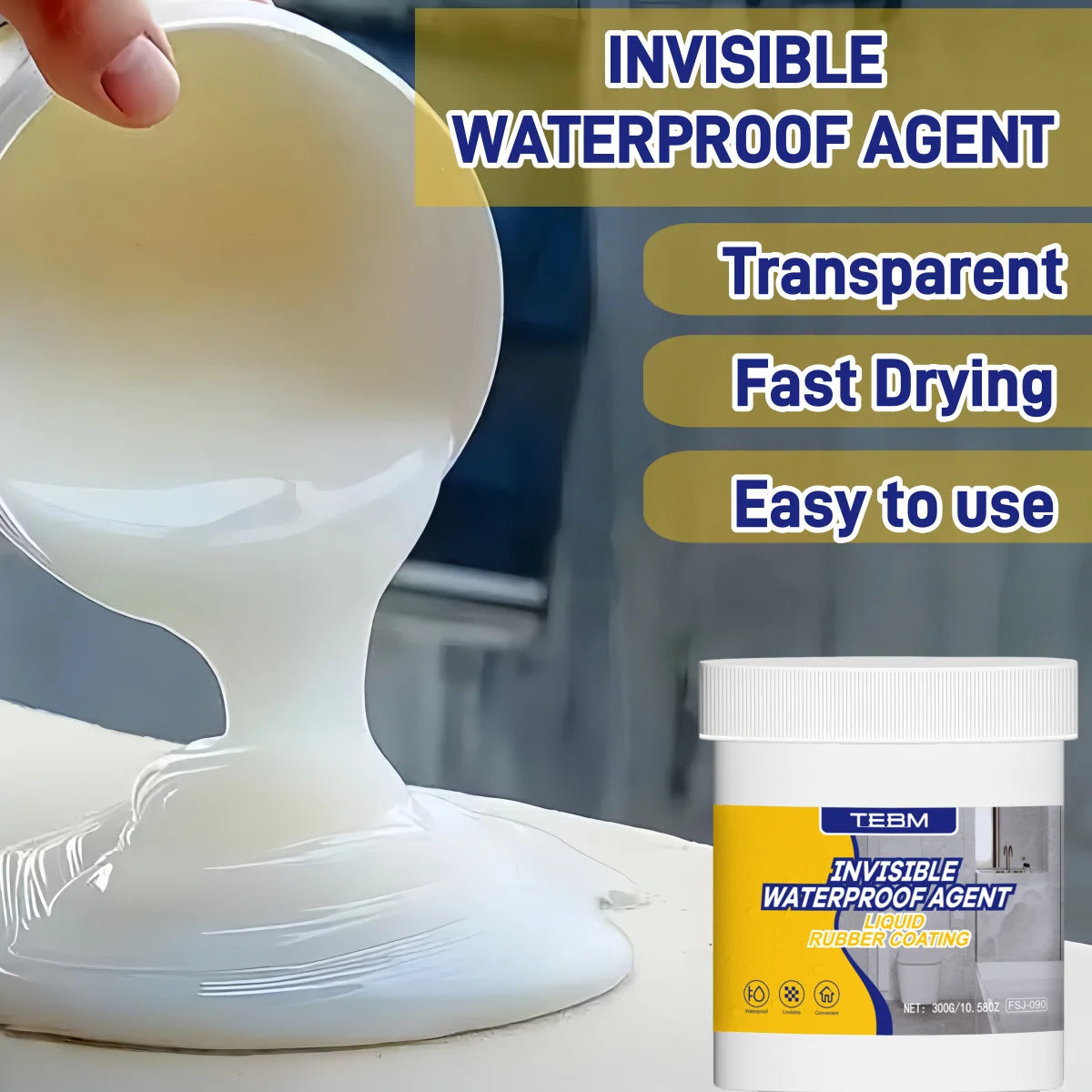 Eine weiße Flüssigkeit wird aus einer Flasche auf eine Oberfläche gegossen, die unsichtbare wasserdichte Substanz demonstrier