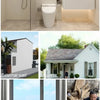 Eine Sammlung von Bildern, die eine Toilette, eine Außenwand, ein Dach und Fenster zeigen, um die Eignung für eine breite Pal