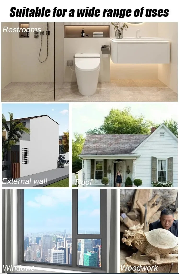 Eine Sammlung von Bildern, die eine Toilette, eine Außenwand, ein Dach und Fenster zeigen, um die Eignung für eine breite Pal